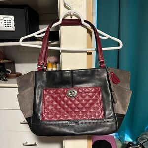 Coach Carrie Park Colorblock Gray Burgundy Quilted F24693 Suede Leather Tote